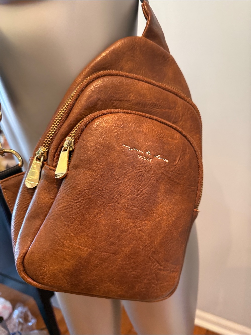 Men's Tan Leather-Look Sling Belt Bag with Gold Hardware